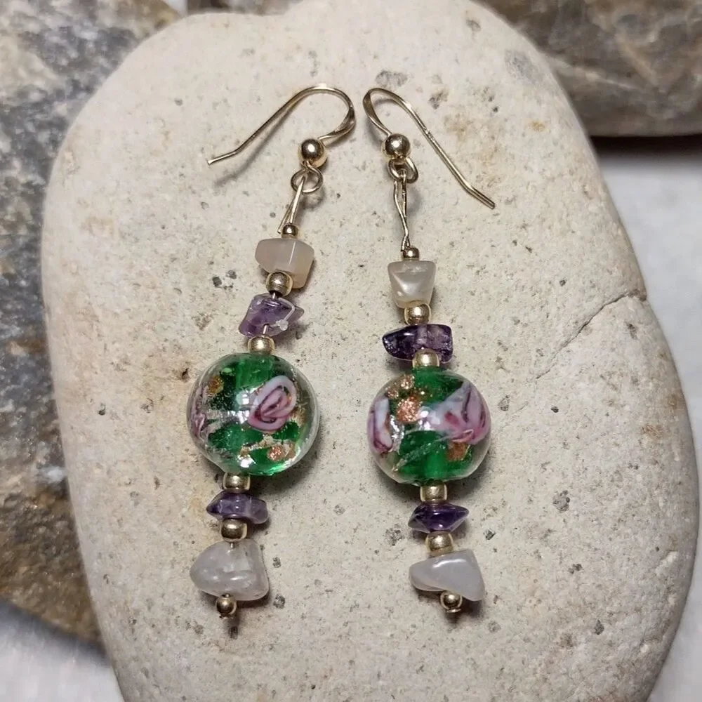 14k GF Murano Glass Foil Rose Bead Dangle Earrings